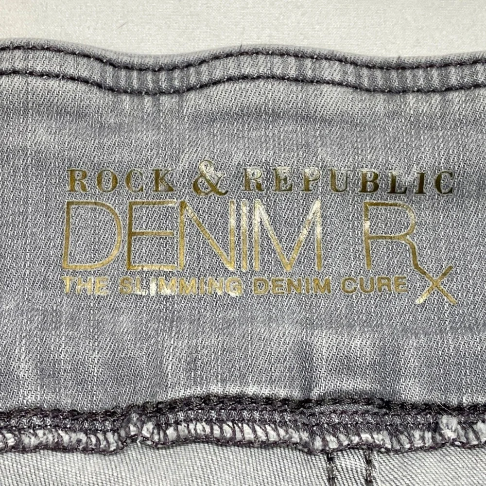 Rock & Republic Jeans Women's 12 Grey Denim Rx Fever Pull On Skinny Distressed‎